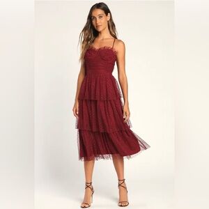 Lulu’s Sweetheart Style Burgundy Polka Dot Bustier Tiered Midi Dress, Small